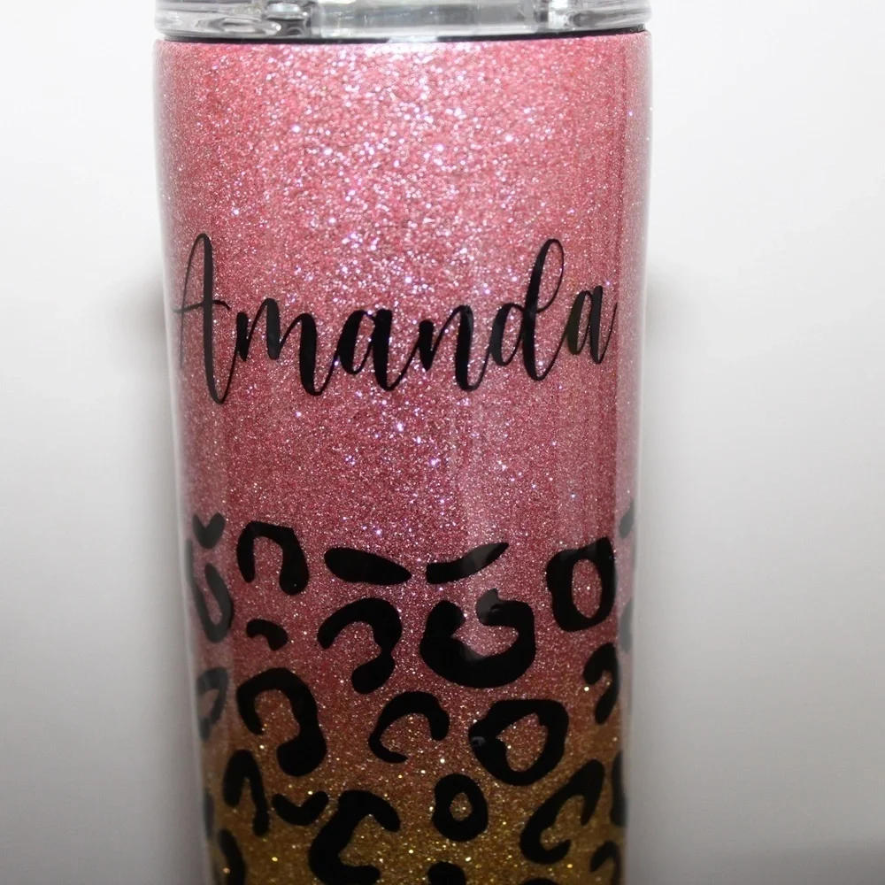 Amanda Personalized Glitter Epoxy Skinny Tumbler 20oz Custom Tumbler Leopard - Picture 6 of 6